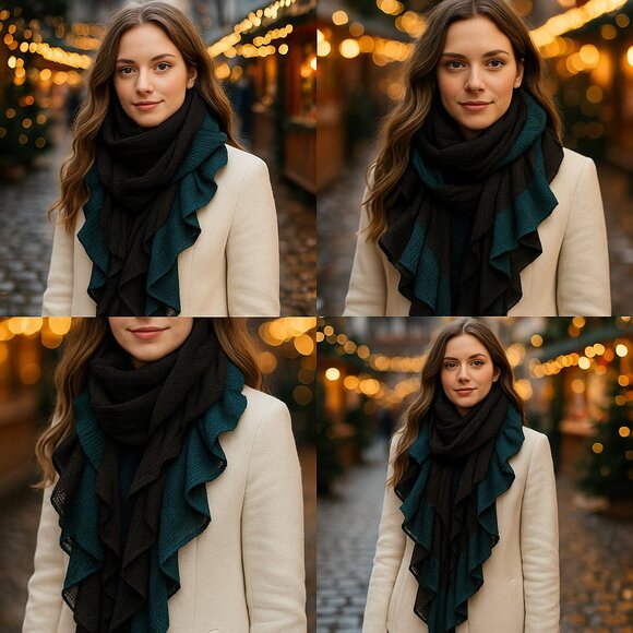 Teal & Black Ruffled Knit Artistic Scarf — Statement Layering Piece - Picture 2 of 13